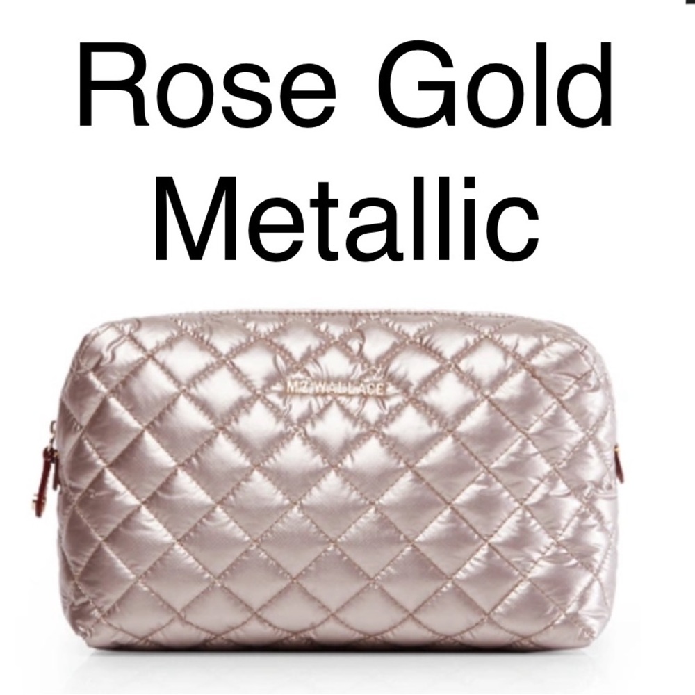 MZ WALLACE Mica cosmetic bag travel case in rose gold metallic.
